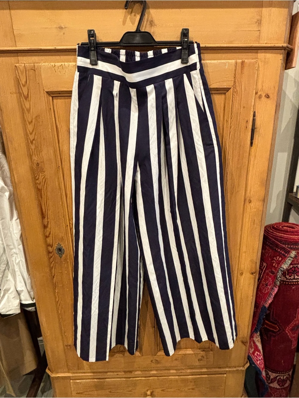 Vilagallo Navy & White Vertical-Stripe Wide Leg Trousers